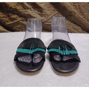 Ugg Australia Binx Flats Slides Fringe Suede Black Turquoise Women US 6 EUC